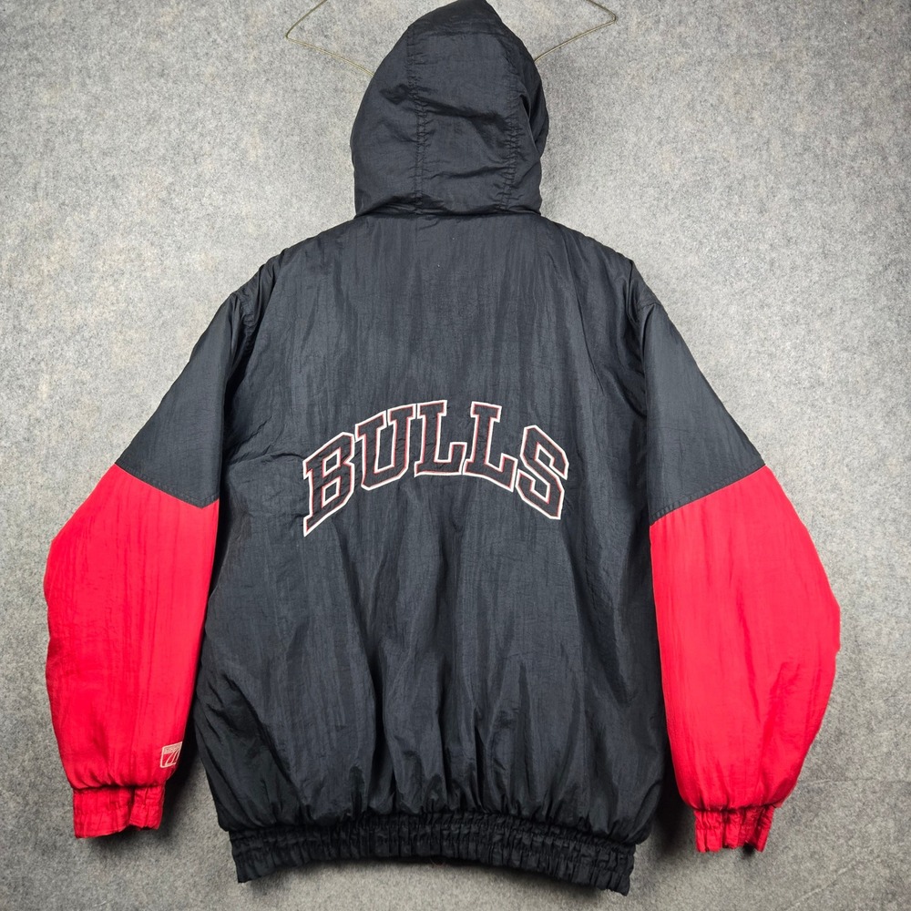 Vintage Logo 7 Chicago Bulls Jacket Mens Large Black Red NBA Puffer 90s Coat